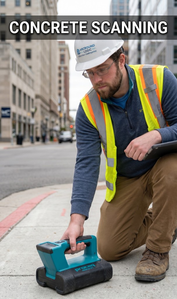 Carter performing concrete slab GPR scanning